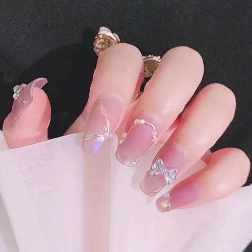 小红书爆款网红芭蕾舞鞋长款日系美甲成品甲片珍珠立体手工蝴蝶结