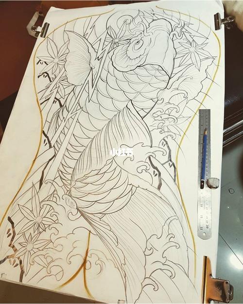鲤鱼满背纹身手稿_鲤鱼_纹身_兴趣爱好_绘画