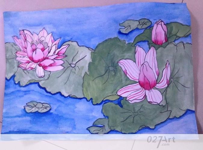 儿童水彩笔画范画-荷塘荷花_水彩画