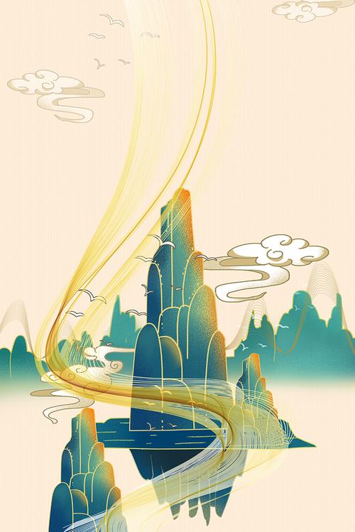 烫金水墨画国风国潮国画山水画风景