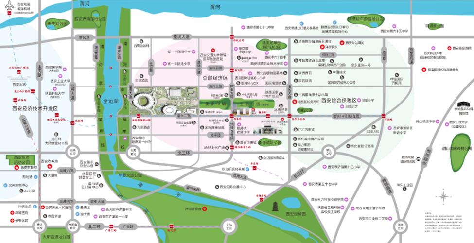 西安国际港务区区位图区域内的地铁3号线自东北方向连接西南高新区
