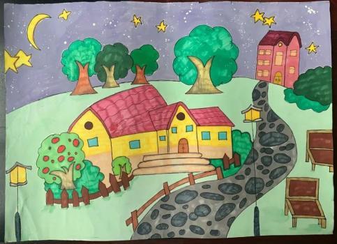 青山乡中心学校东南小学四年级中队刘皖欣作品名称:《齐努力 家乡美》