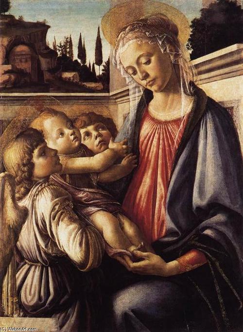 麦当娜和儿童两个天使, 蛋彩画 通过 sandro botticelli (1444-1510