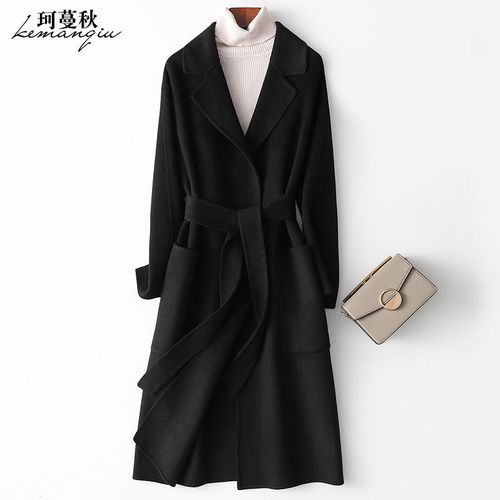 衣珂蔓秋双面绒羊毛大衣女中长款过膝宽松系带呢大衣