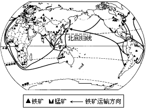 读"世界铁矿,锰矿的主要分布地区和铁矿石输出路线示意图"完成