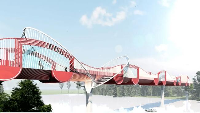 该桥梁造型以现代简洁为主,通过桥身横向的波动起伏形成一