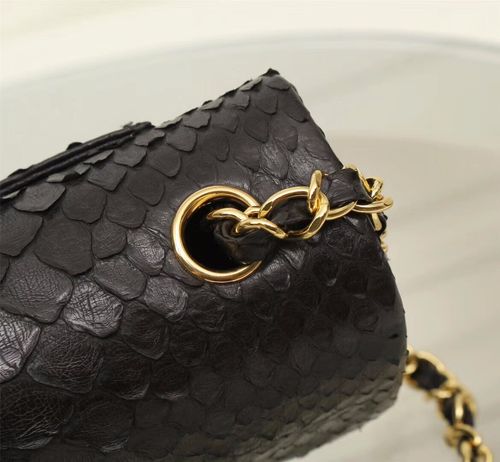 【chanel】香奈儿 女士单肩包 手提包 cf全蟒蛇蛇皮 24k肩带 金/银色