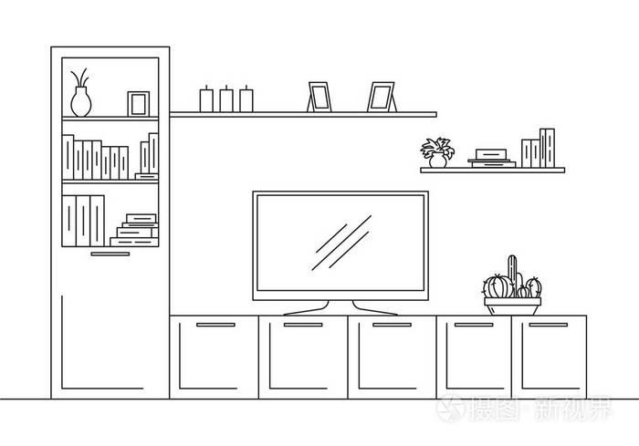 线性素描的内政.书架,书架和电视的梳妆台.矢量图