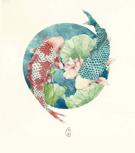 双鲤-百鲤_水彩,原创,手绘,古风,花,鲤鱼_涂鸦王国插画