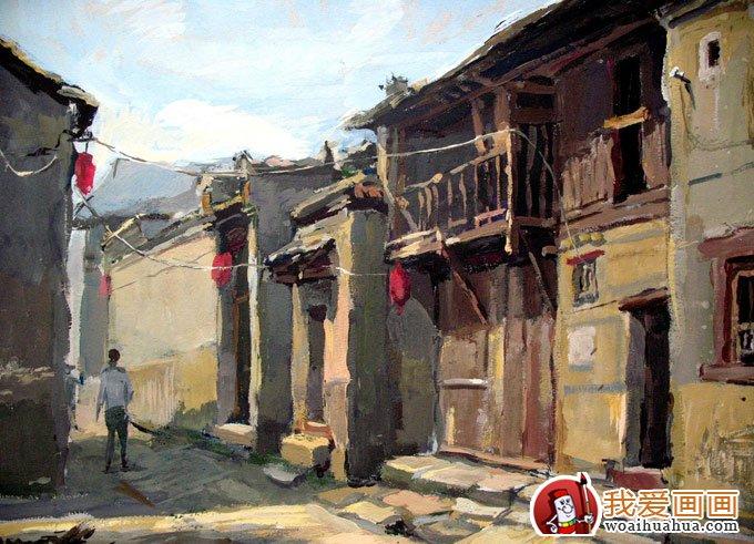 乡村建筑风景水粉画图片农村房屋建筑4