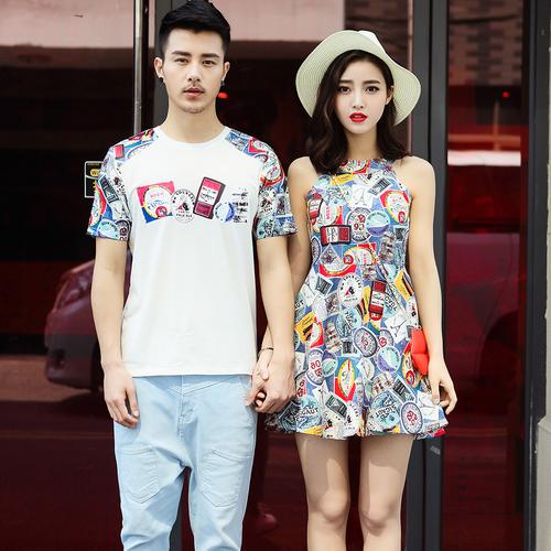 情侣装夏装2016新款韩版上衣邮票印花修身女裙男女情侣短袖t恤衫