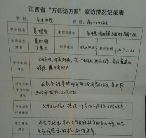 江西省"万师访万家"家庭情况记录表