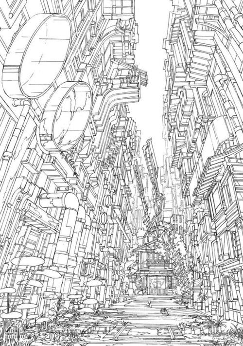 霸气的场景作品 线稿,视觉角度选的都很棒.( by k