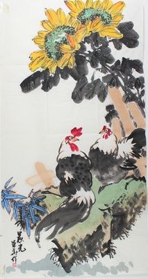 花鸟画国画公鸡《晨光向日葵》淡雅清心 水墨画 凌军华字画