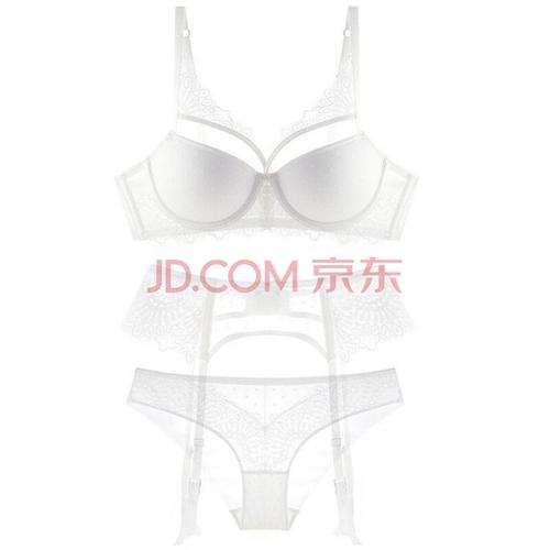 性感黑色蕾丝加厚聚拢小胸文胸女内衣内裤吊袜带三件套装 白色 70a