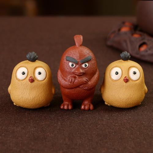 宜兴紫砂茶宠摆件雕塑茶玩特价精品卡通全手工拉毛小鸡愤怒的小鸟