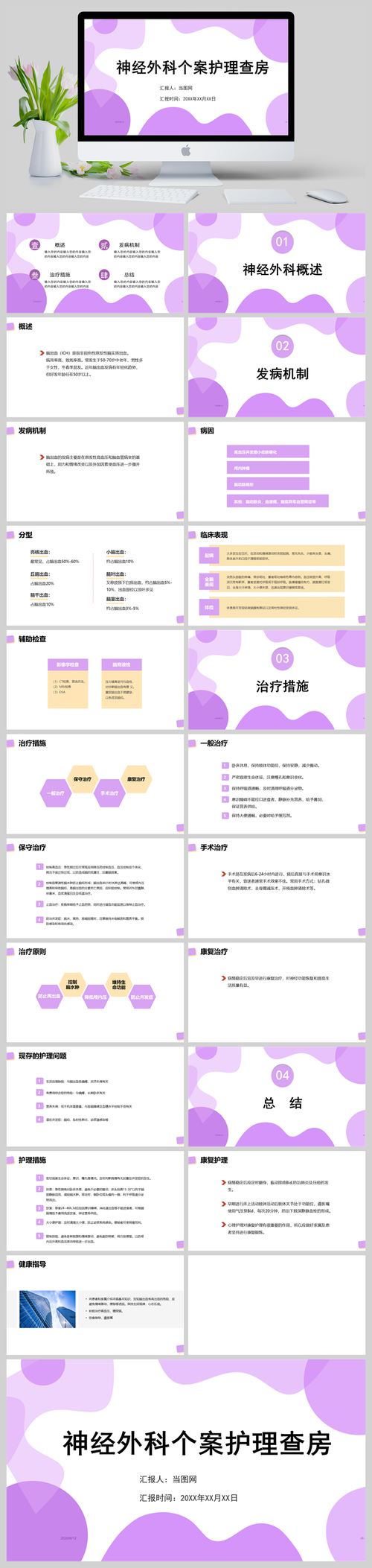 清新紫色神经外科个案护理查房ppt模板