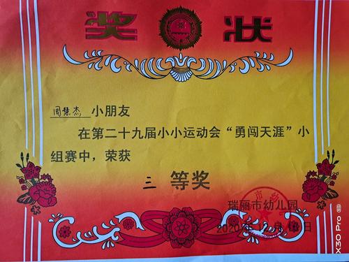 2020年苗苗四班运动会奖状