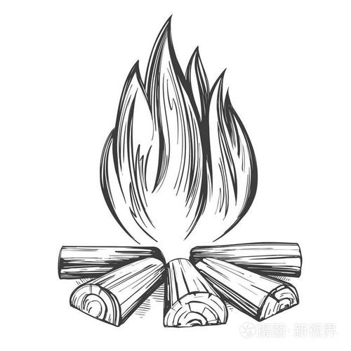 火徽, 林中休憩, 野营手画矢量插画写实素描