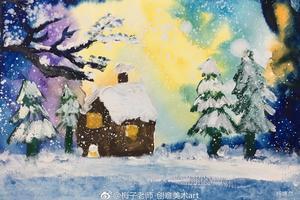 儿童雪景水彩画