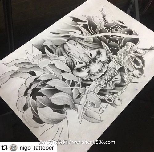 花胸新传统菊花般若纹身手稿