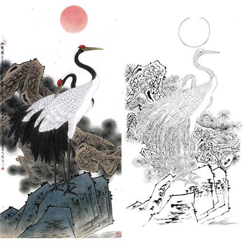 白描底稿-工笔花鸟-松鹤图-仙鹤-a308