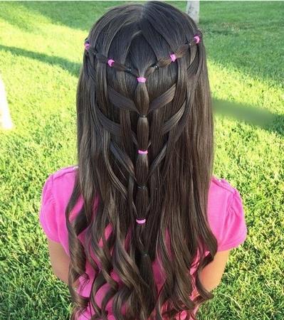 新年小女孩编发 头发对分,然后从前往后分三部分,第一部分扎好辫子