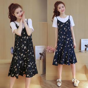 韩版少女2018夏装时尚宽松吊带裙子套装高中学生碎花连衣裙两件套