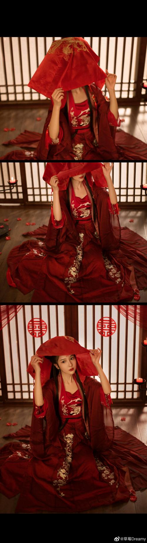 唯美古风,美女小姐姐掀起红盖头