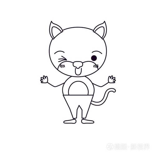 草绘轮廓漫画的可爱猫咪眨眼睛表达的裤子