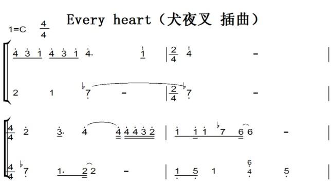 every heart(犬夜叉 插曲)初学者简易版 钢琴双手简谱
