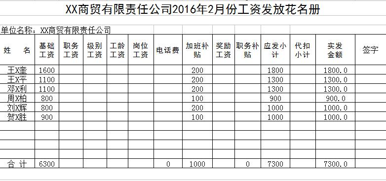 职工工资发放花名册模板excel版
