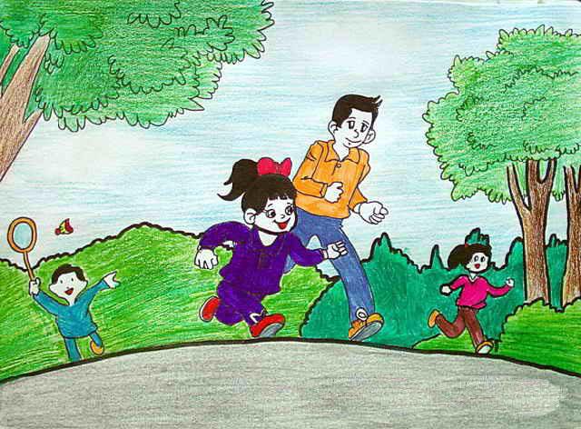 儿童油棒画《晨跑》