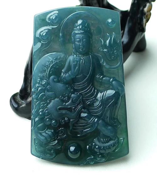翡翠蓝水吊坠_天然保真翡翠精工蓝水绿文殊菩萨观音吊坠牌挂件玉器