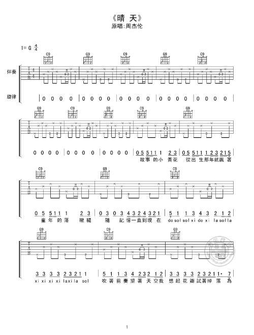 《晴天》吉他谱六线谱g调简单版_周杰伦