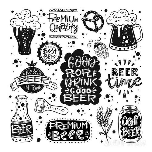矢量收集与啤酒相关的涂鸦插图.10月节日或啤酒厂标签的剪贴画