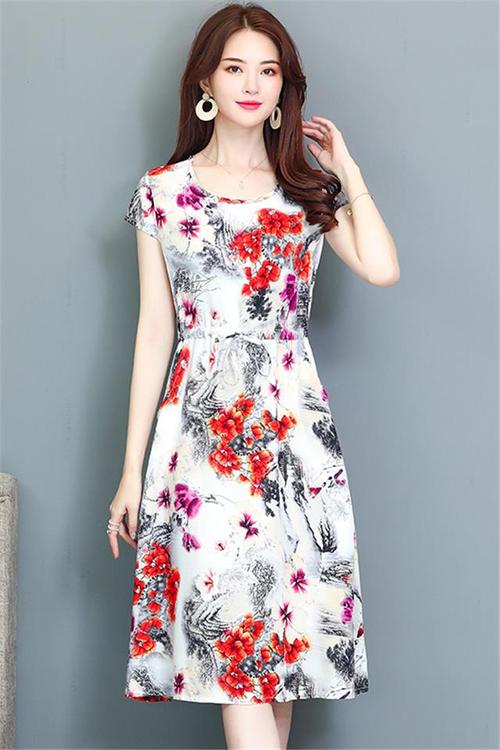 50岁妈连衣裙短袖中年夏装棉绸裙子女中长款中老年绵绸碎花长裙