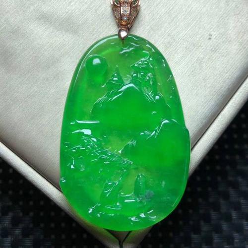 保真缅甸翡翠老坑冰种绿色山水牌子冰绿翡翠山颈饰