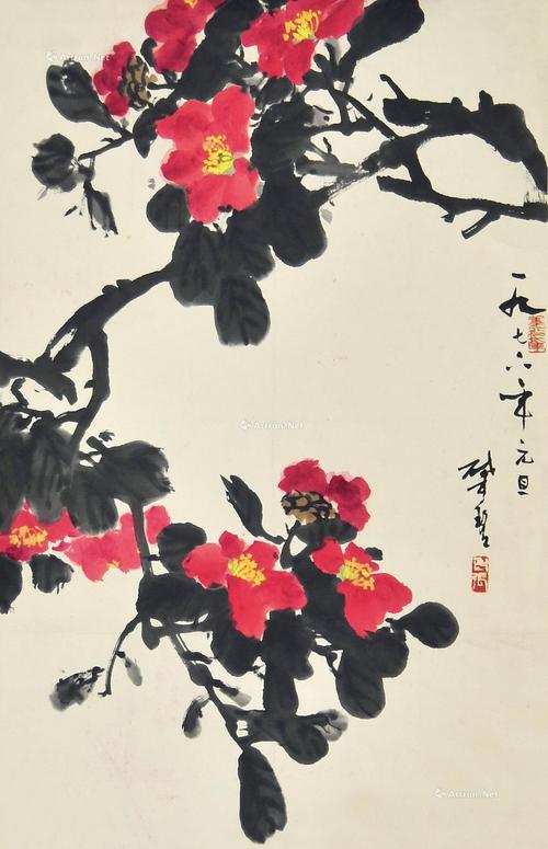 0452 茶花 立轴 设色纸本