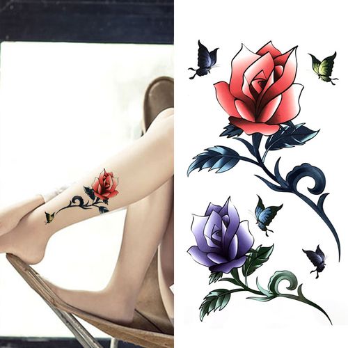 新款女款纹身贴防水女持久彩色红紫玫瑰花 肩膀脚踝遮