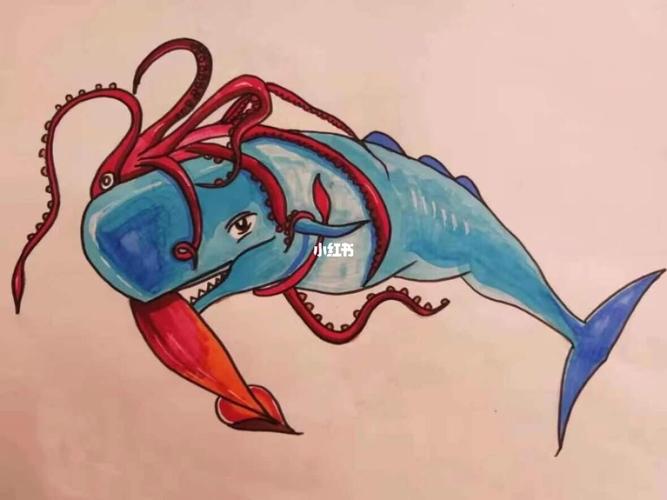 抹香鲸大战大王乌贼创意画_创意画_高光_高光笔_铅笔