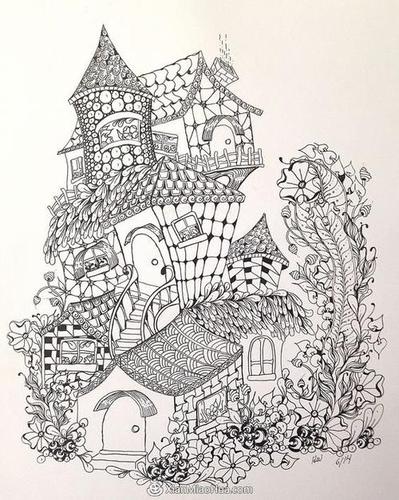 黑白线描画城堡简笔画