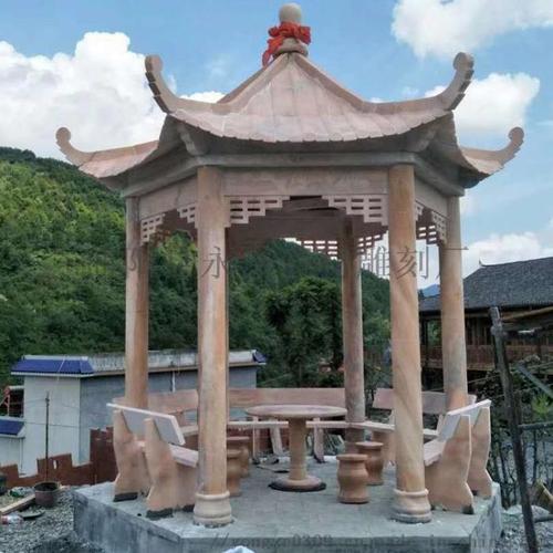 石雕凉亭单层晚霞红六角凉亭户外大理石中式石亭子836958292