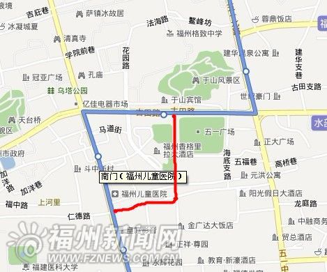 图中蓝线为66路公车规定行驶的路线,红线为司机私自行驶的路线 福州