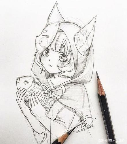 铅笔手绘卡通美少女线稿,画风爱了