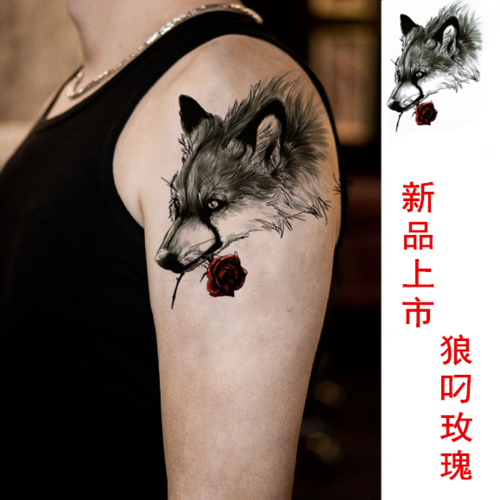 狼头玫瑰胸前纹身贴防水持久男女逼真花臂胸部黑白狼图腾仿真刺青