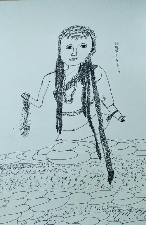 这是一副藏族美女在水边戏水的画面,小朋友用线条和对