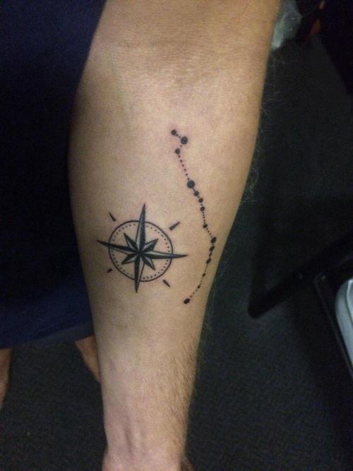 男生手臂上黑色点刺技巧几何简单线条指南针纹身图案