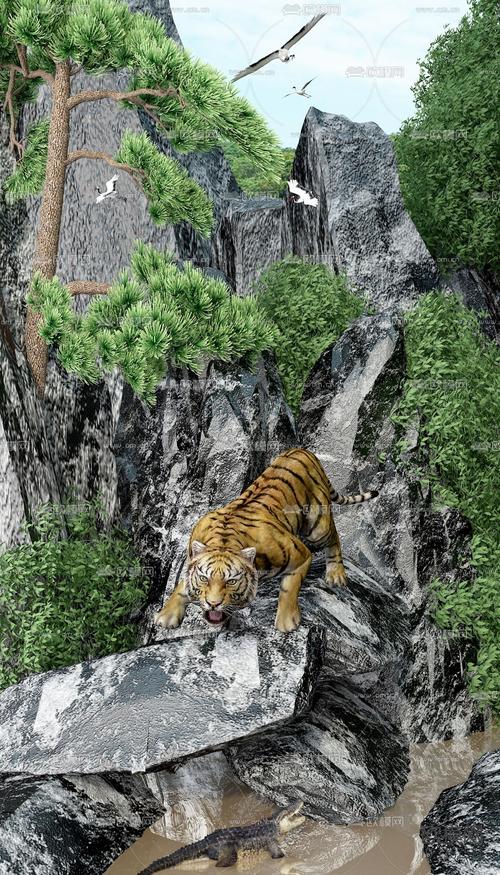 现代松树假山老虎景观3d模型