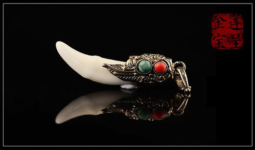 狼牙吊坠子 特色白铜复古藏银 镶嵌绿红松石 diy佛珠配件配饰批发